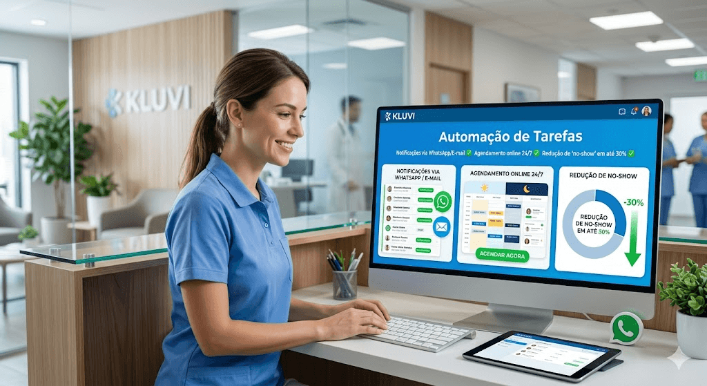 Dashboard do Kluvi Dental mostrando agenda, prontuário e indicadores financeiros em tempo real